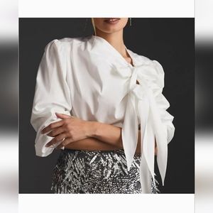 ANTHROPOLOGIE MAEVE DOUBLE PUSSYCAT BOW BLOUSE TOP COTTON POPLIN WHITE